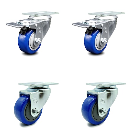 Service Caster 3.5 Inch Blue Polyurethane Wheel Swivel Top Plate Caster Total Lock Brake, 2PK SCC-TTL20S3514-PPUB-BLUE-2-S-2